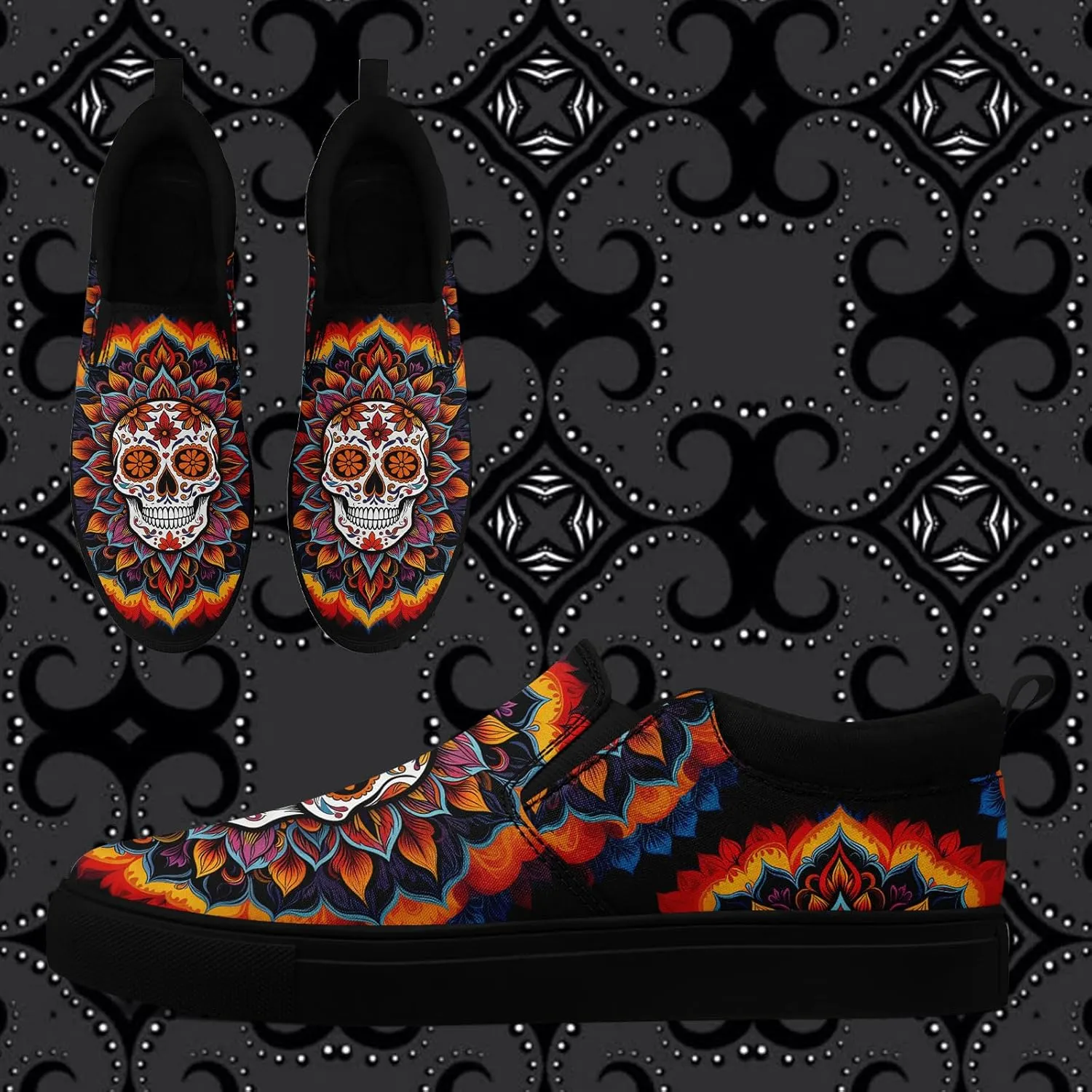 Men's Slip-On Canvas Shoes Gothic Skull Print Casual Lightweight Loafers Comfortable Walking Sneaker for Women
