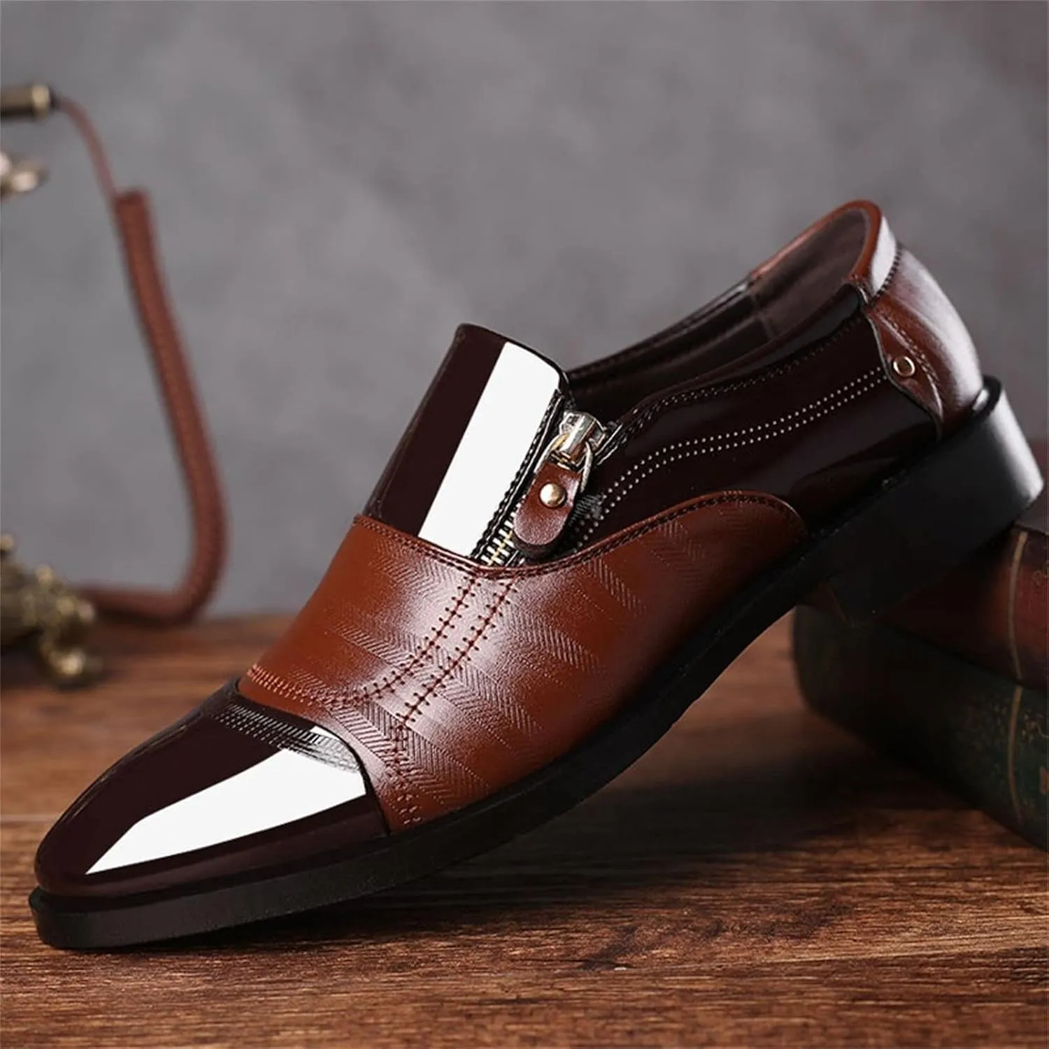 Mens Slip on Shoes Casual Leather Classical Style Men's Breathable Hollow Business Leather Running Shoes (Brown, 11)