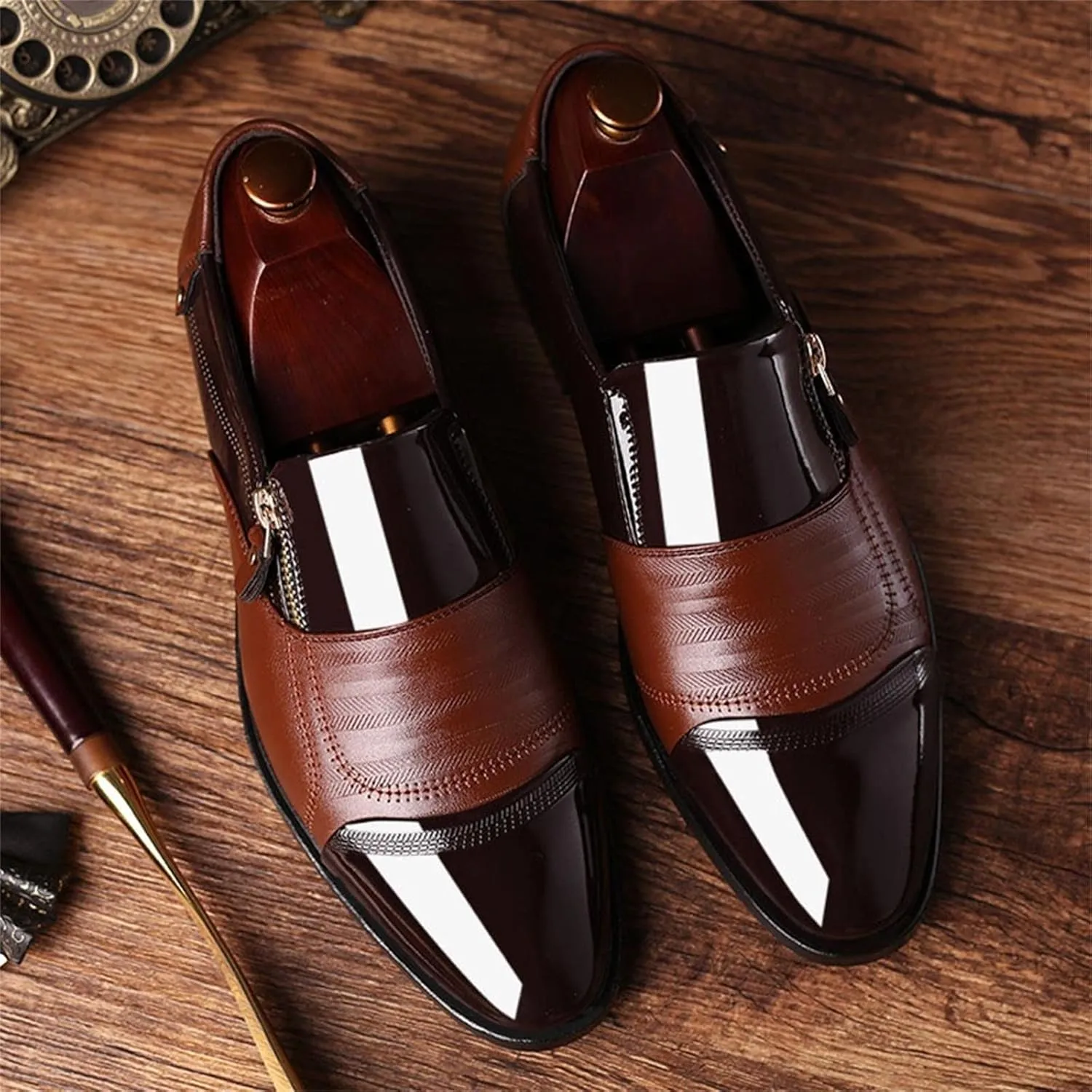 Mens Slip on Shoes Casual Leather Classical Style Men's Breathable Hollow Business Leather Running Shoes (Brown, 11)