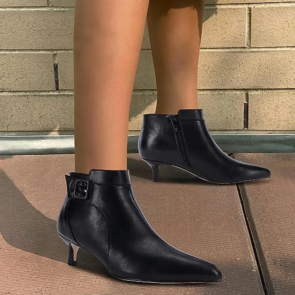 MOOMMO Women Low Kitten Heel Suede Ankle Boots Bow Pointed Closed Toe Zipper Chelsea Boots 2" Heels Buckle Strap Faux Suede Boot Zip Up Short Dress Booties Fall Office Wedding Cute Comfort 4-11 M US