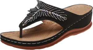Orthopedic Platform Slippers for Women Summer Wedge Soft Leather Non Slip Flip Flops Trendy Sparkled Rhinestone Beach Travel Indoor Outdoor Shoes