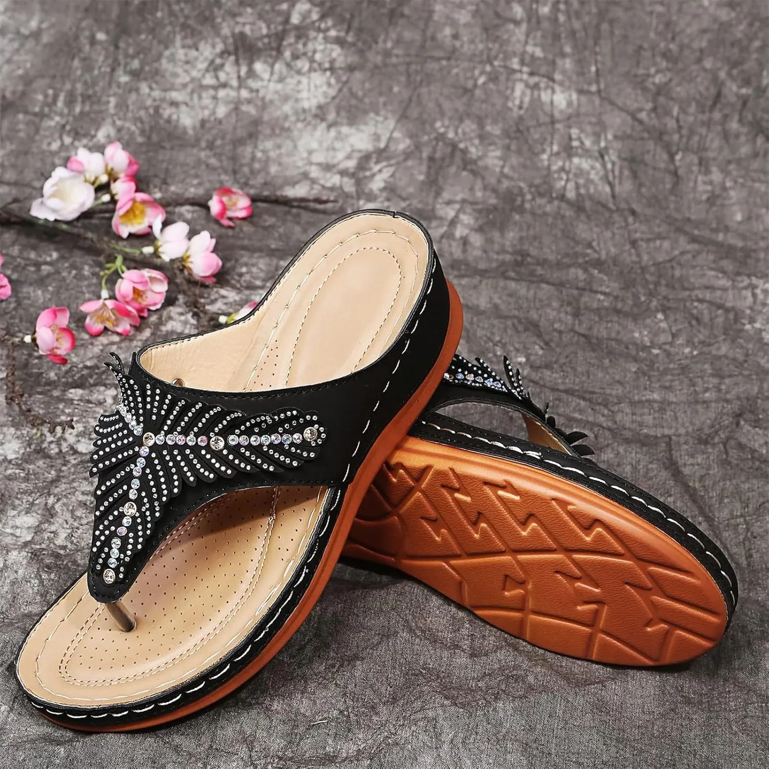 Orthopedic Platform Slippers for Women Summer Wedge Soft Leather Non Slip Flip Flops Trendy Sparkled Rhinestone Beach Travel Indoor Outdoor Shoes