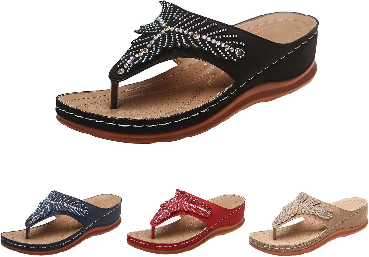 Orthopedic Platform Slippers for Women Summer Wedge Soft Leather Non Slip Flip Flops Trendy Sparkled Rhinestone Beach Travel Indoor Outdoor Shoes