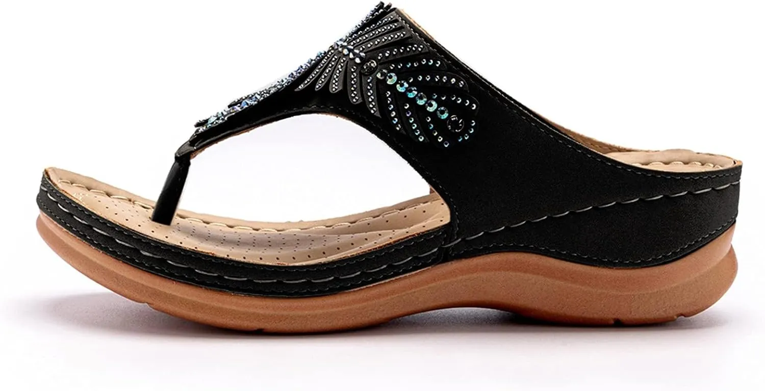 Orthopedic Platform Slippers for Women Summer Wedge Soft Leather Non Slip Flip Flops Trendy Sparkled Rhinestone Beach Travel Indoor Outdoor Shoes