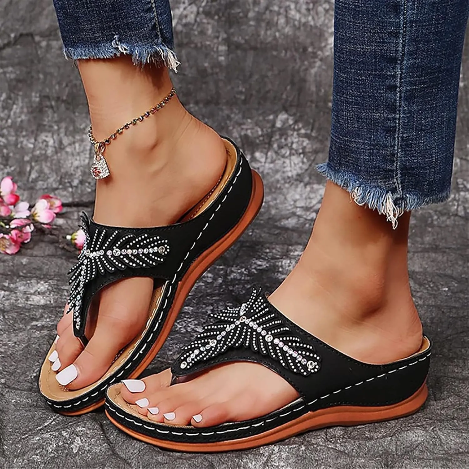 Orthopedic Platform Slippers for Women Summer Wedge Soft Leather Non Slip Flip Flops Trendy Sparkled Rhinestone Beach Travel Indoor Outdoor Shoes