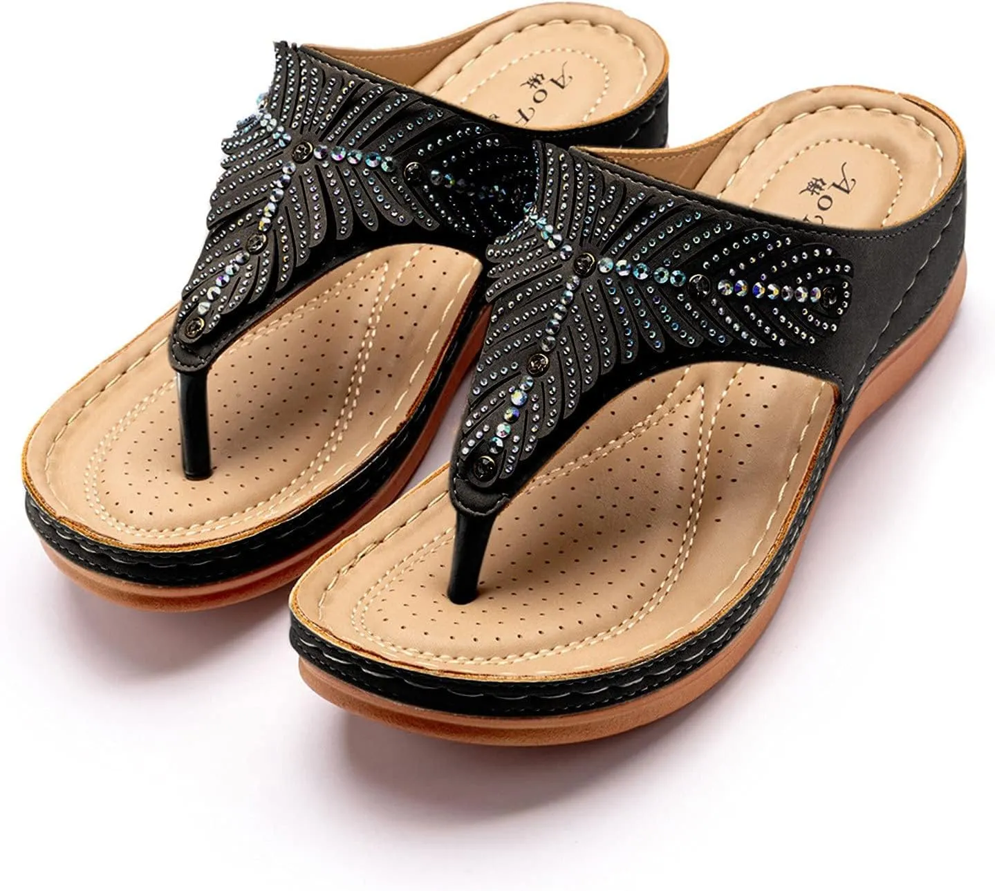 Orthopedic Platform Slippers for Women Summer Wedge Soft Leather Non Slip Flip Flops Trendy Sparkled Rhinestone Beach Travel Indoor Outdoor Shoes
