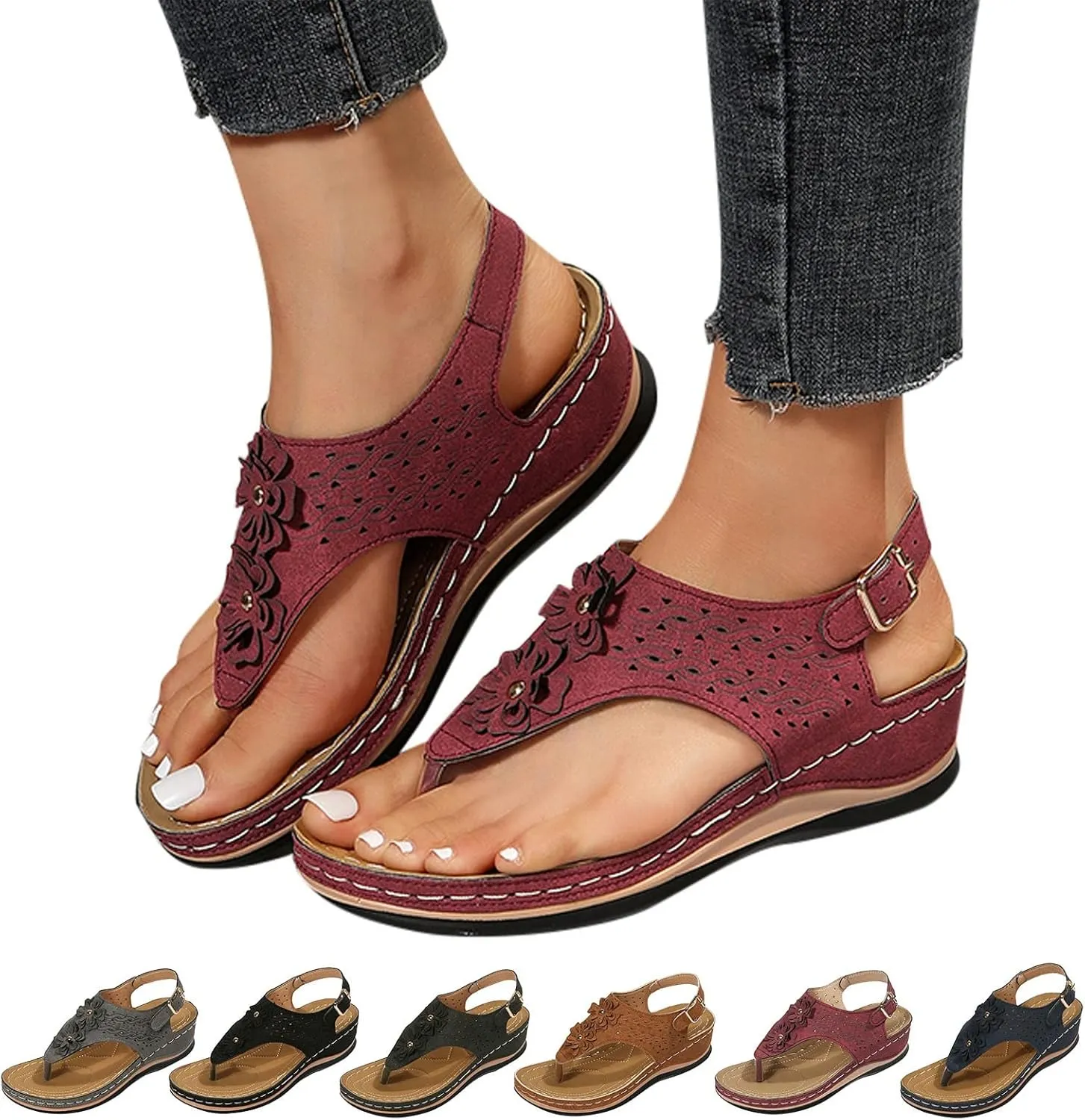 Orthotic Sandals for Women Wide Flip Flops Beach with Flowers Platform Slide Shoes Dressy Arch Support Womens Wedge Sandals Dressy Soft Leather Sandal Orthtic