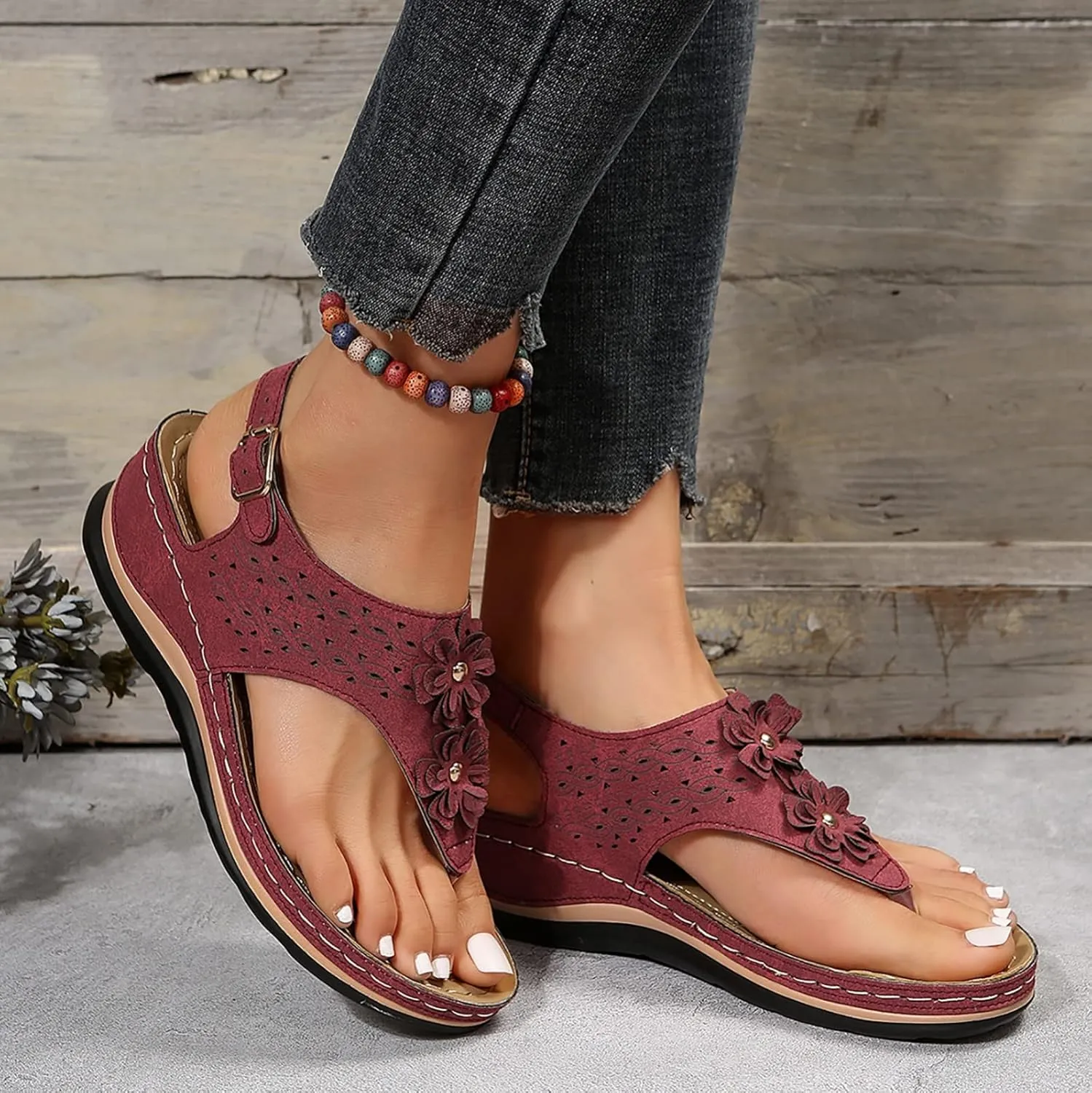 Orthotic Sandals for Women Wide Flip Flops Beach with Flowers Platform Slide Shoes Dressy Arch Support Womens Wedge Sandals Dressy Soft Leather Sandal Orthtic