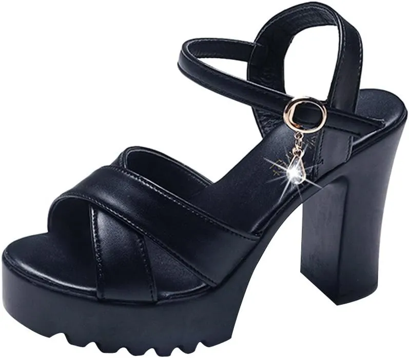 Platform High Heels for Women Strappy Chunky Heels Sandals Open Toe Block Heeled Sandals Buckle Summer Dress Shoes