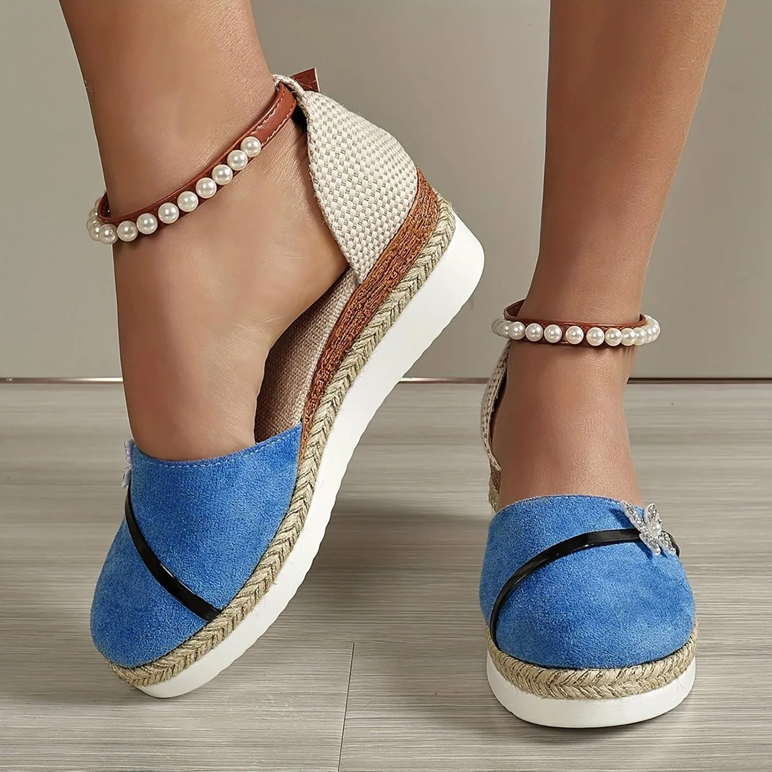 Platform Sandals Women Casual Elastic Ankle Strap Platform Sandals Wedge Espadrilles Brown Beach Sandals