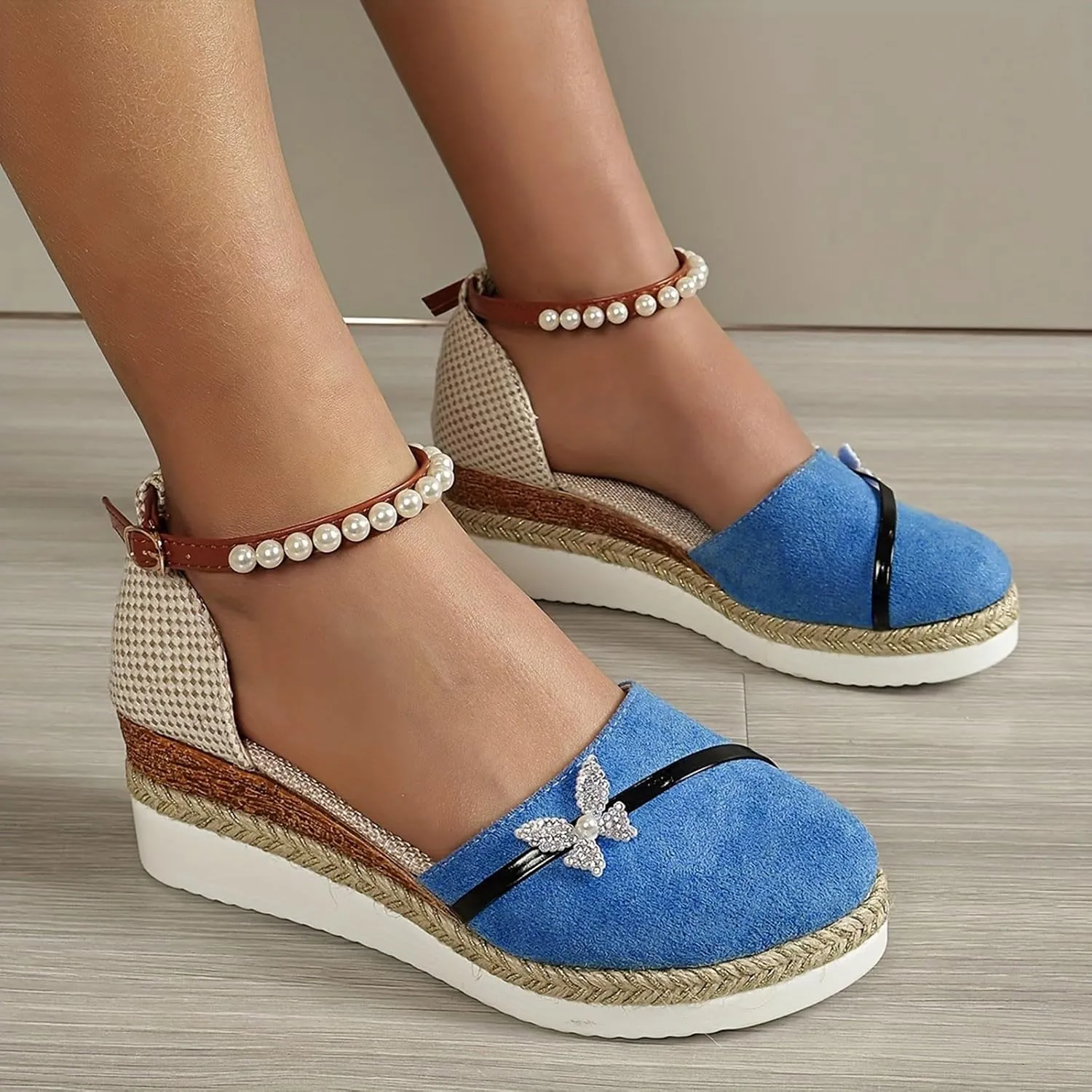 Platform Sandals Women Casual Elastic Ankle Strap Platform Sandals Wedge Espadrilles Brown Beach Sandals