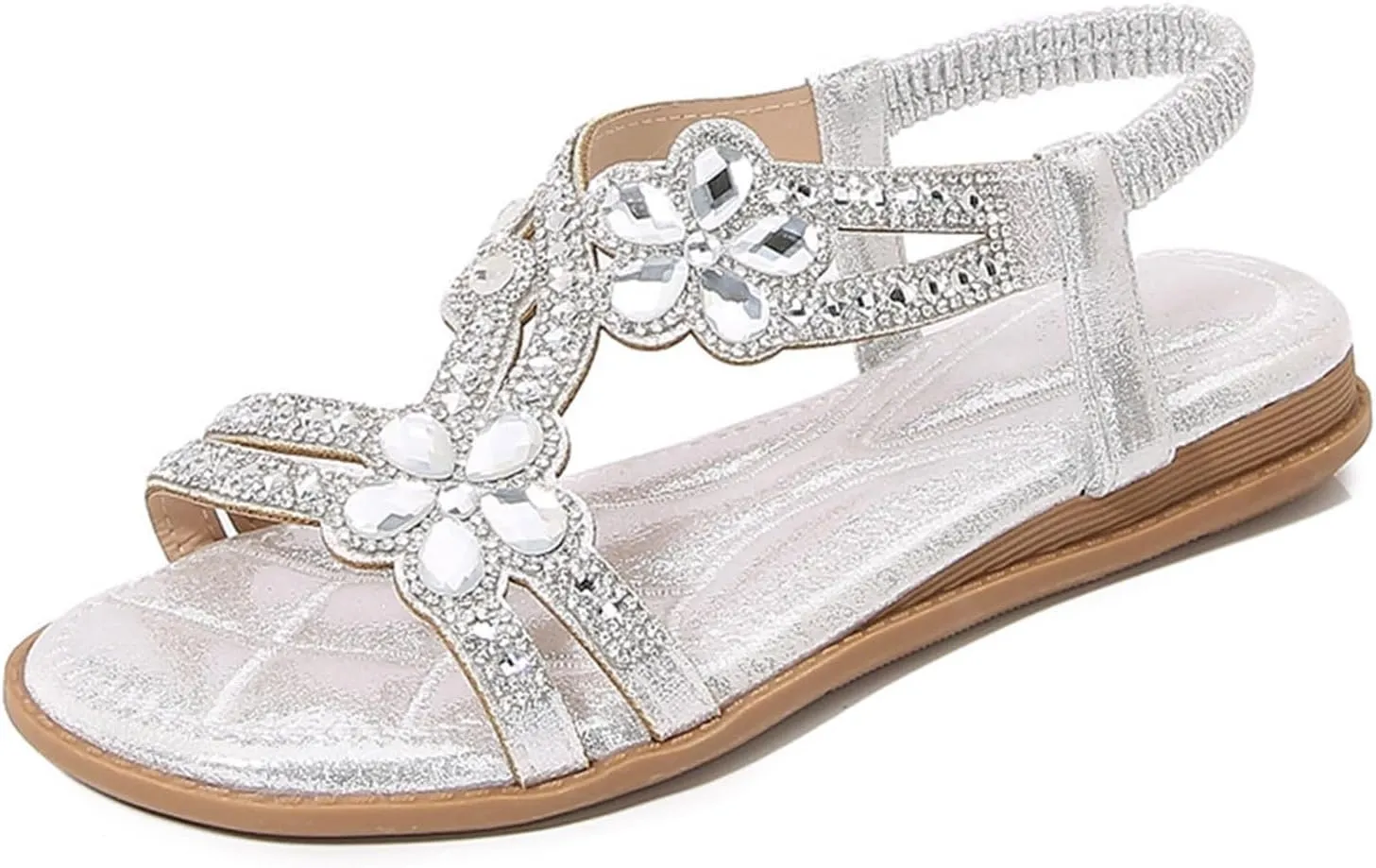 Rhinestone Sandals for Women Comfortable Spring Shoes 2025 Elastic Ankle Strap Lightweight Strappy Platform Sandals