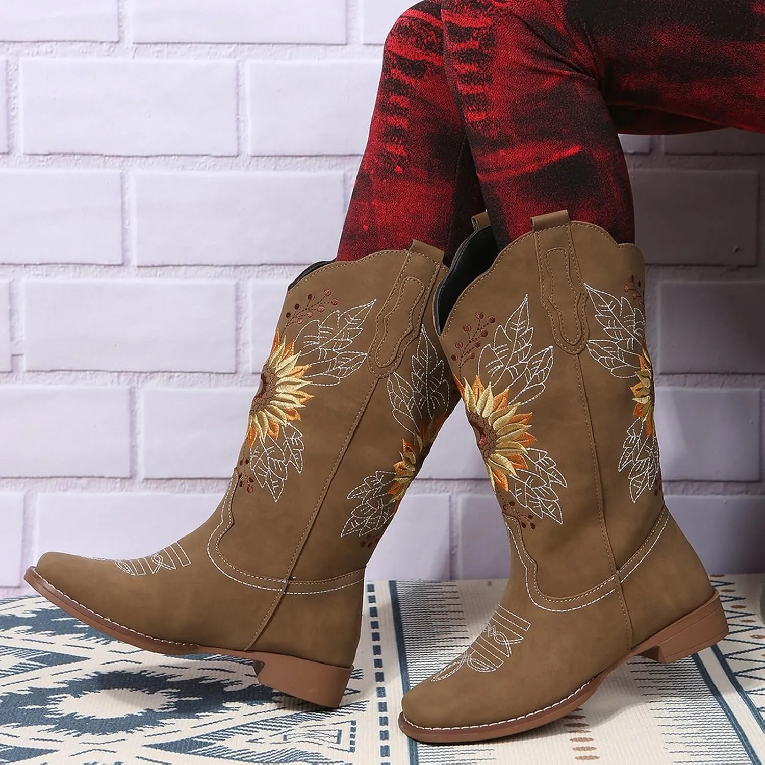 SACFOF Cowboy Boots for Women Sunflower Boots Square Toe Mid Calf Western Embroidery Stitched Low Heel Western Cowgirl Boots