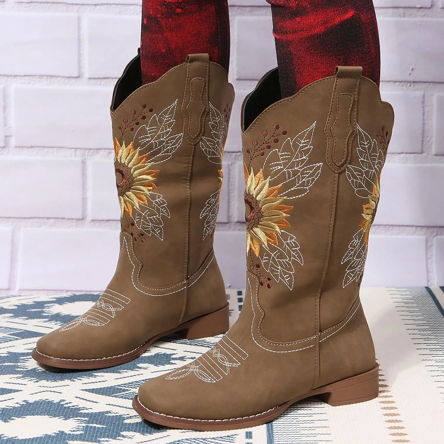 SACFOF Cowboy Boots for Women Sunflower Boots Square Toe Mid Calf Western Embroidery Stitched Low Heel Western Cowgirl Boots