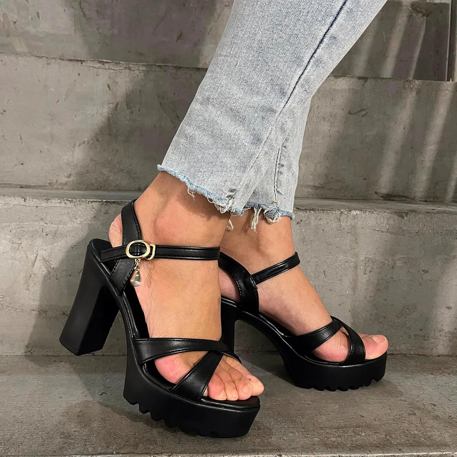 Sandal Heels for Women Strappy Buckle Heeled Sandal with Tall Thick Heel Heel Women's Lace Up Heeled Sandals