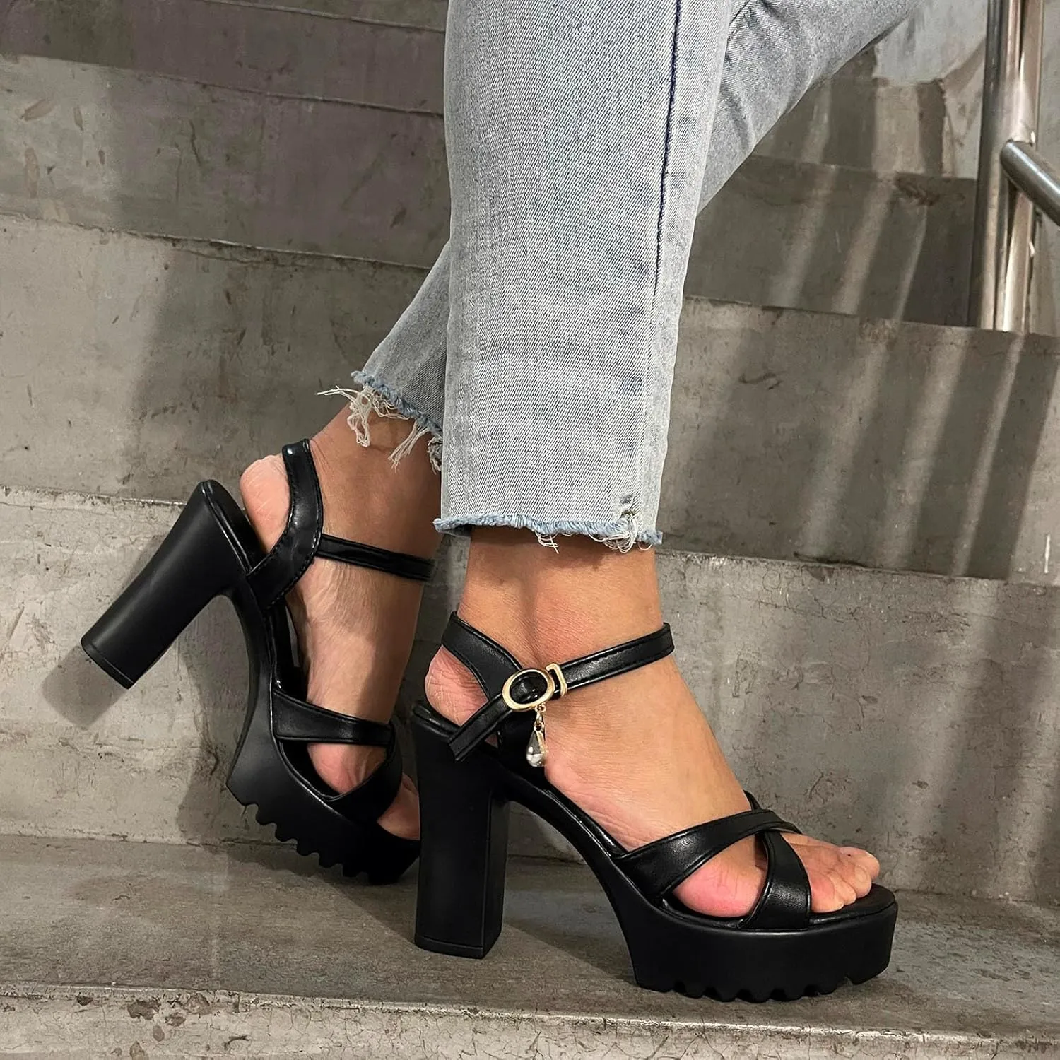 Sandal Heels for Women Strappy Buckle Heeled Sandal with Tall Thick Heel Heel Women's Lace Up Heeled Sandals