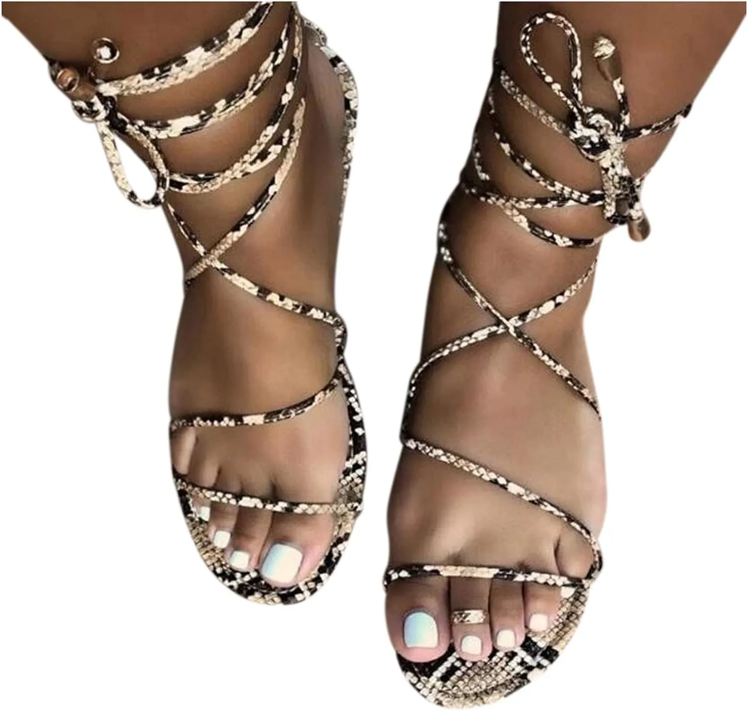 Sandals for Women Dressy,Women Gladiator Sandals Snakeskin Flat Summer Strappy Open Toe Knee High Flat Sandal