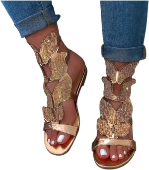Sandals for Women Dressy,Women Gladiator Sandals Snakeskin Flat Summer Strappy Open Toe Knee High Flat Sandal
