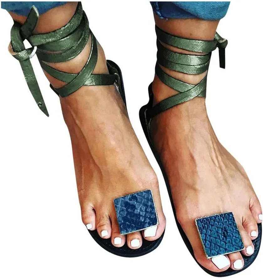 Sandals for Women Platform,Women Gladiator Sandals Flat Summer Leopard Print Strappy Lace Up Open Toe Knee High Flat Sandal