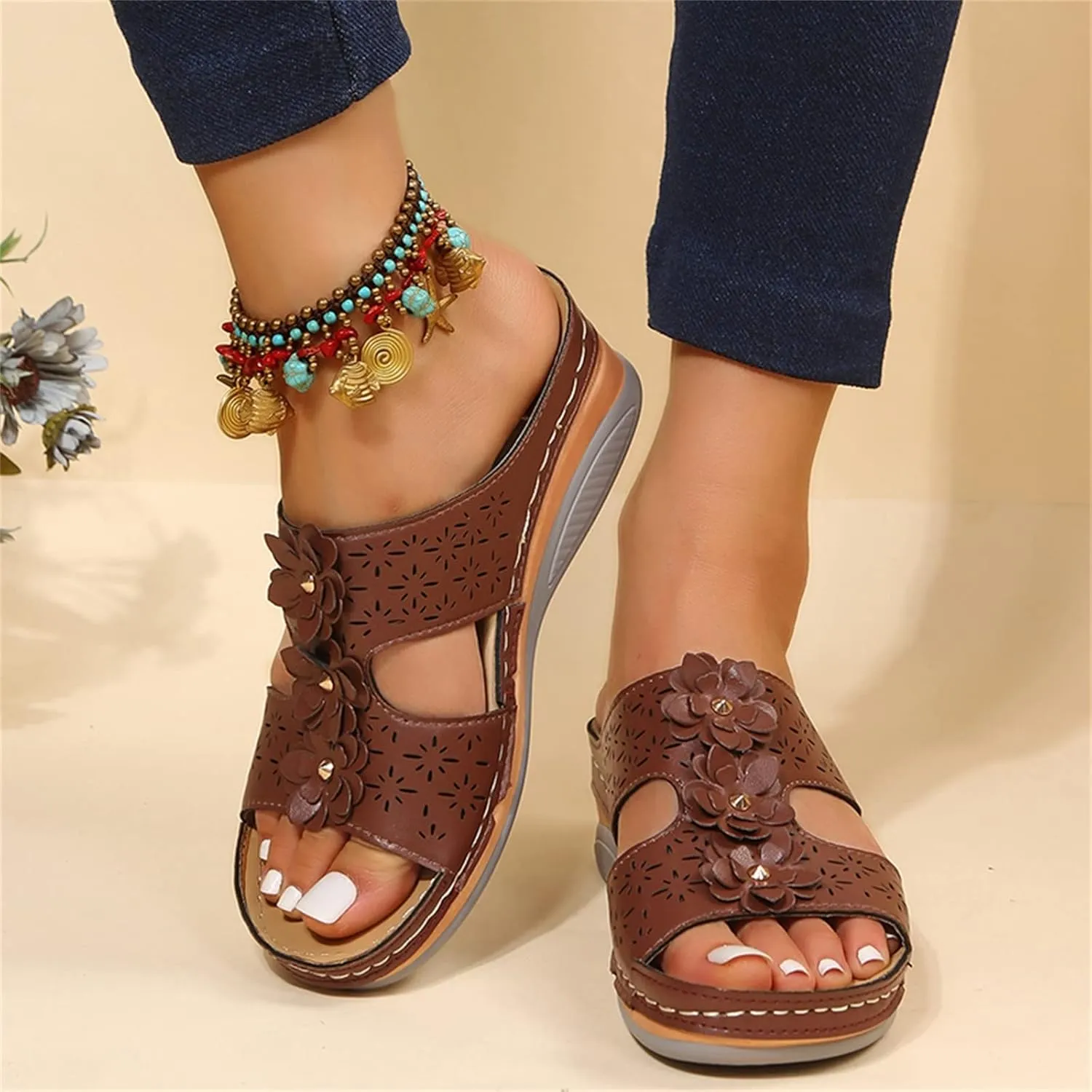 SBGMoSJ Womens Plantar Fasciitis Shoes Orthopedic Diabetic Walking Shoes Walking Sandals Women Red Sandals for Women Wedge Brown Leather Sandals Womens Block Heel Sandals