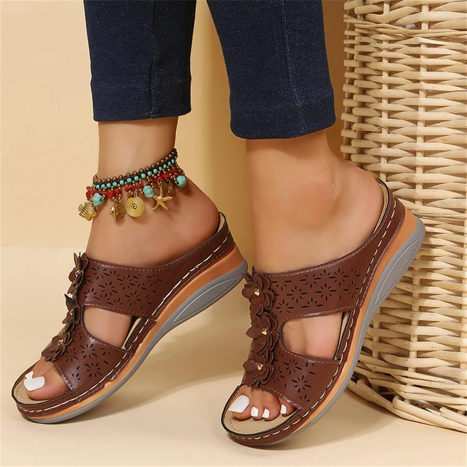 SBGMoSJ Womens Plantar Fasciitis Shoes Orthopedic Diabetic Walking Shoes Walking Sandals Women Red Sandals for Women Wedge Brown Leather Sandals Womens Block Heel Sandals