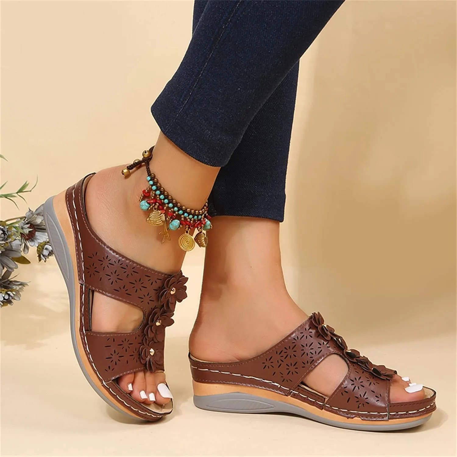SBGMoSJ Womens Plantar Fasciitis Shoes Orthopedic Diabetic Walking Shoes Walking Sandals Women Red Sandals for Women Wedge Brown Leather Sandals Womens Block Heel Sandals