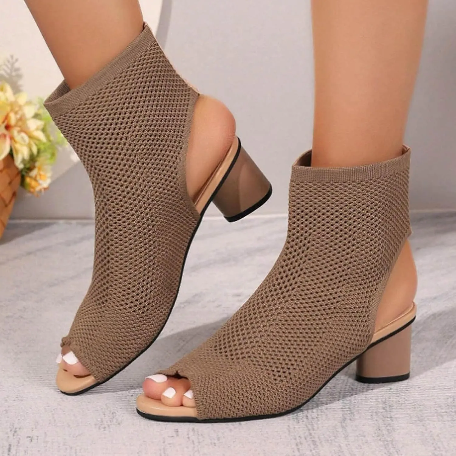 Sexy Casual Dress Shoes Women's Knit Toe Chunky Heel Ankle Boots Open Pointed Toe Slingback Heeled Sandals Summer Casual