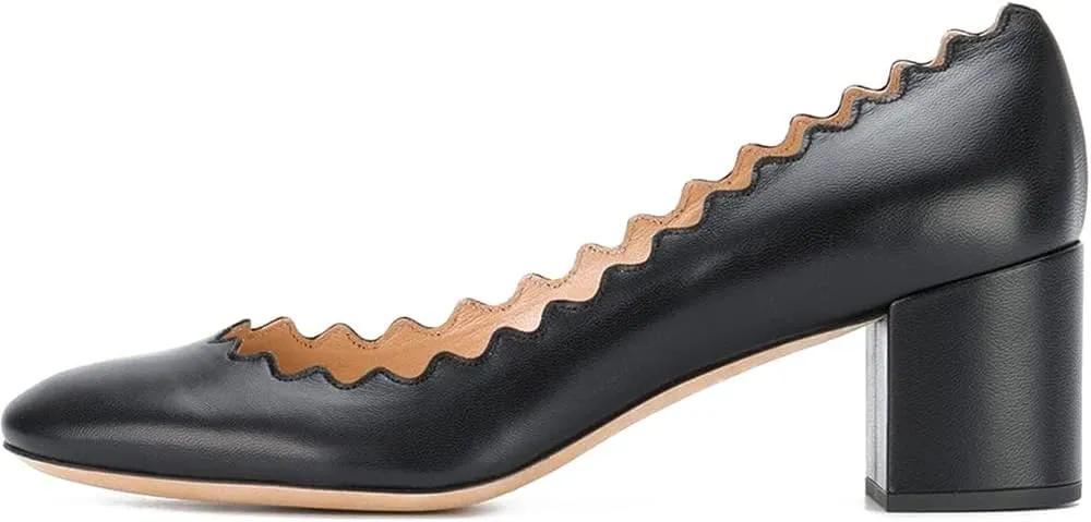SHODENSE Women Comfortable Chunky Block Heel Pumps Shoes Round Closed Toe Slip On 2" Scalloped Heels Suede Pumps Dress Shoes for Ladies Bridal Wedding Party Office Work Elegant Formal Spring 4-11 M US