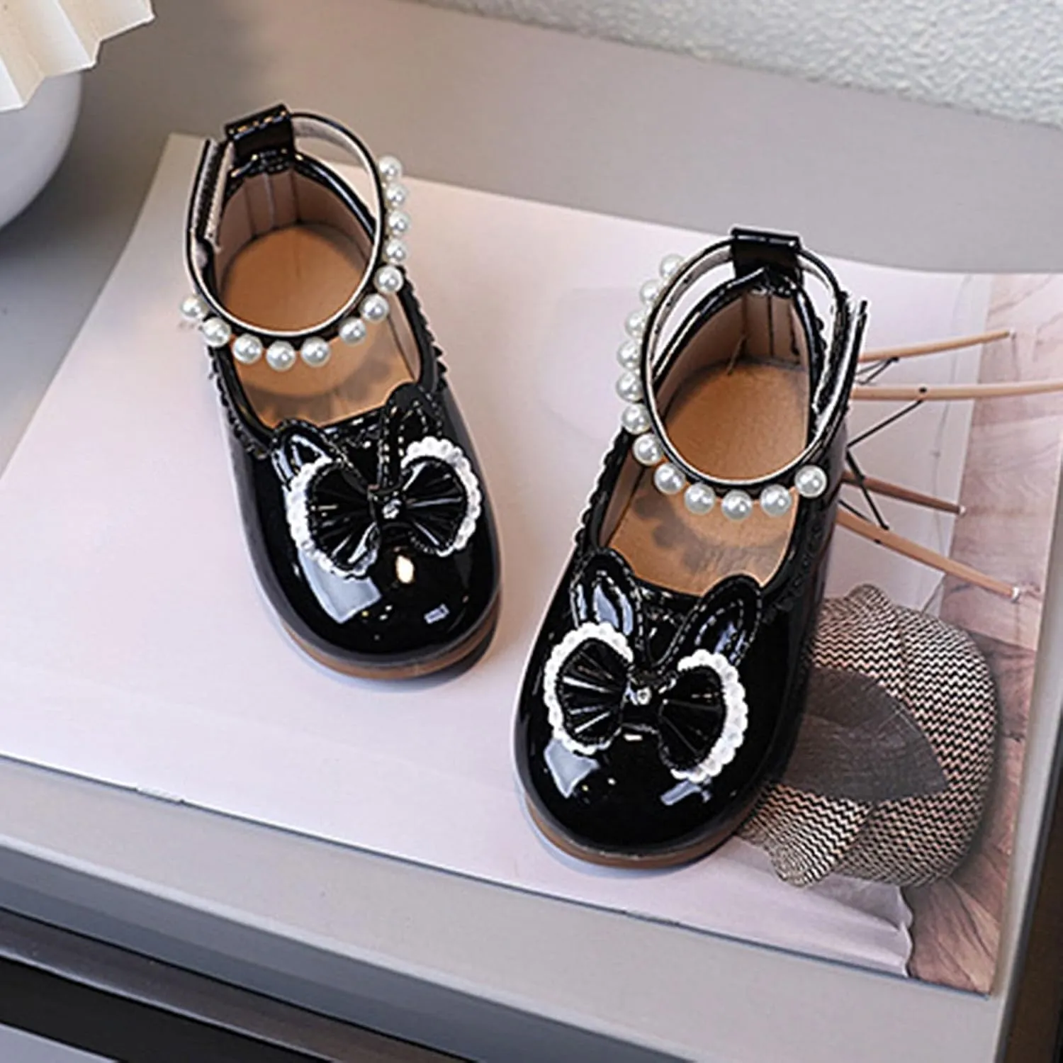 Soft Flat Shoes Summer Girl Shoes Girls Princess New Children's Pearl Bow Spring and Summer Small Leather Girl Baby Single Soft Sole