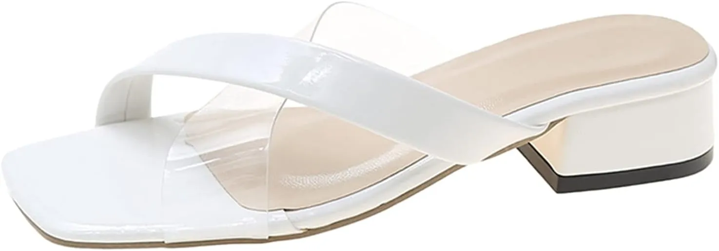 Square Toe Heels for Women Chunky Low Heeled Clear Strappy Nude Slide Sandals Summer Casual Fashion Slip On Shoes