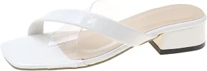 Square Toe Heels for Women Chunky Low Heeled Clear Strappy Nude Slide Sandals Summer Casual Fashion Slip On Shoes