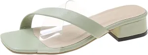 Square Toe Heels for Women Chunky Low Heeled Clear Strappy Nude Slide Sandals Summer Casual Fashion Slip On Shoes
