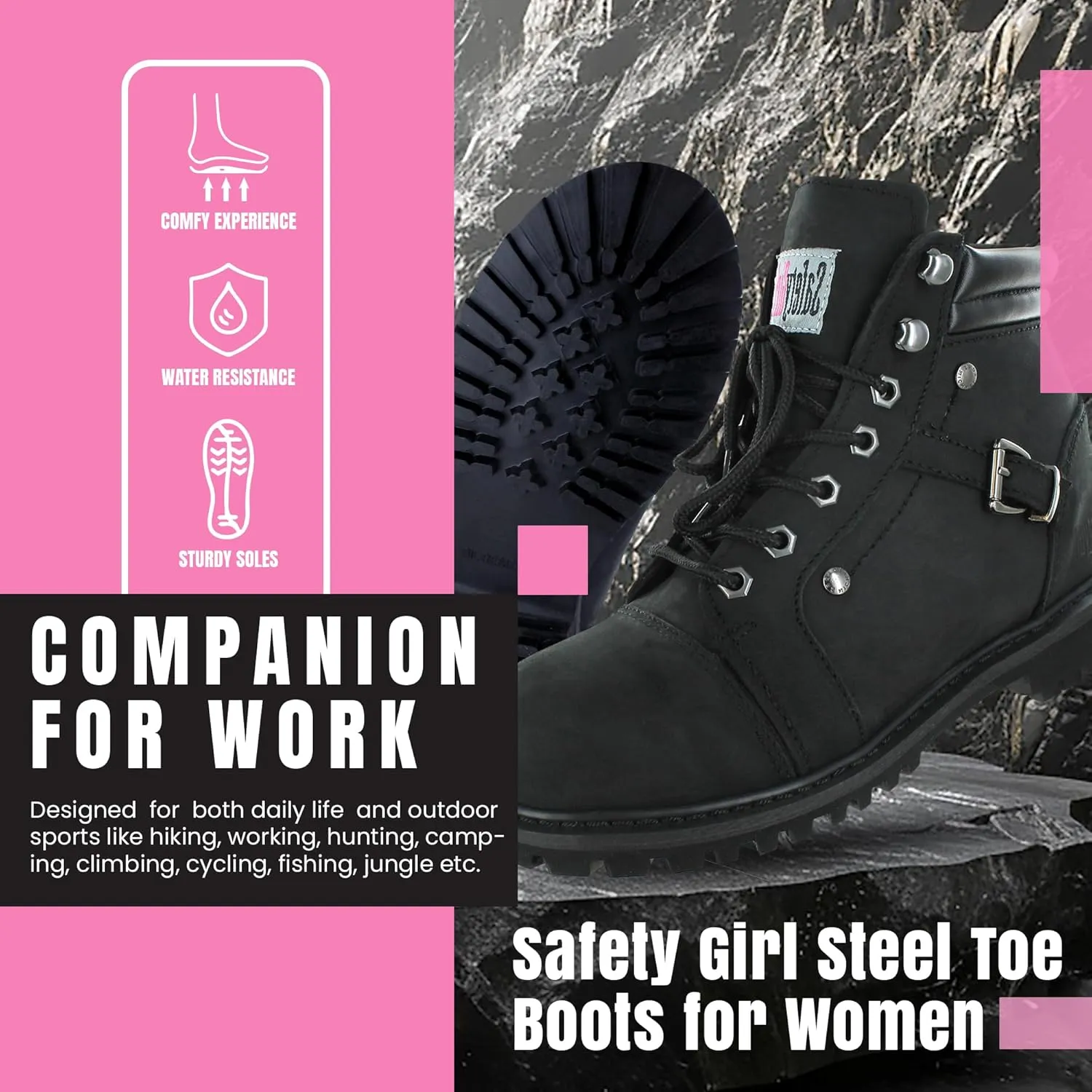 Steel Toe Boots for Women - Black - 9M| Waterproof Women's Fusion Work Boots | Leather Work Boots | Rugged Goodyear Welt Construction | Oil Resistant Outsoles & Cushioned Insoles