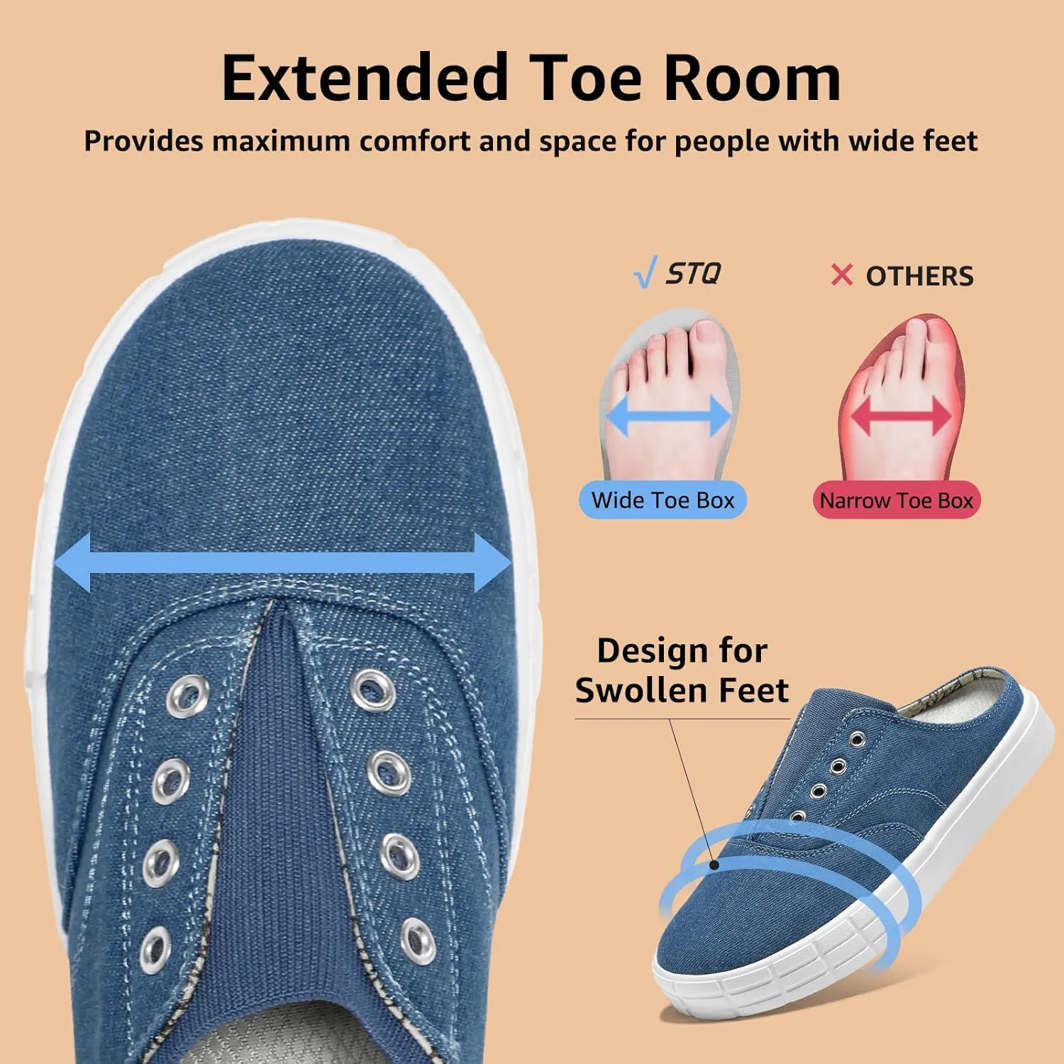 STQ Slip On Orthopedic Wide ShoesLightweight Women Backless Casual Plantar Fasciitis Relief Mule Sneakers