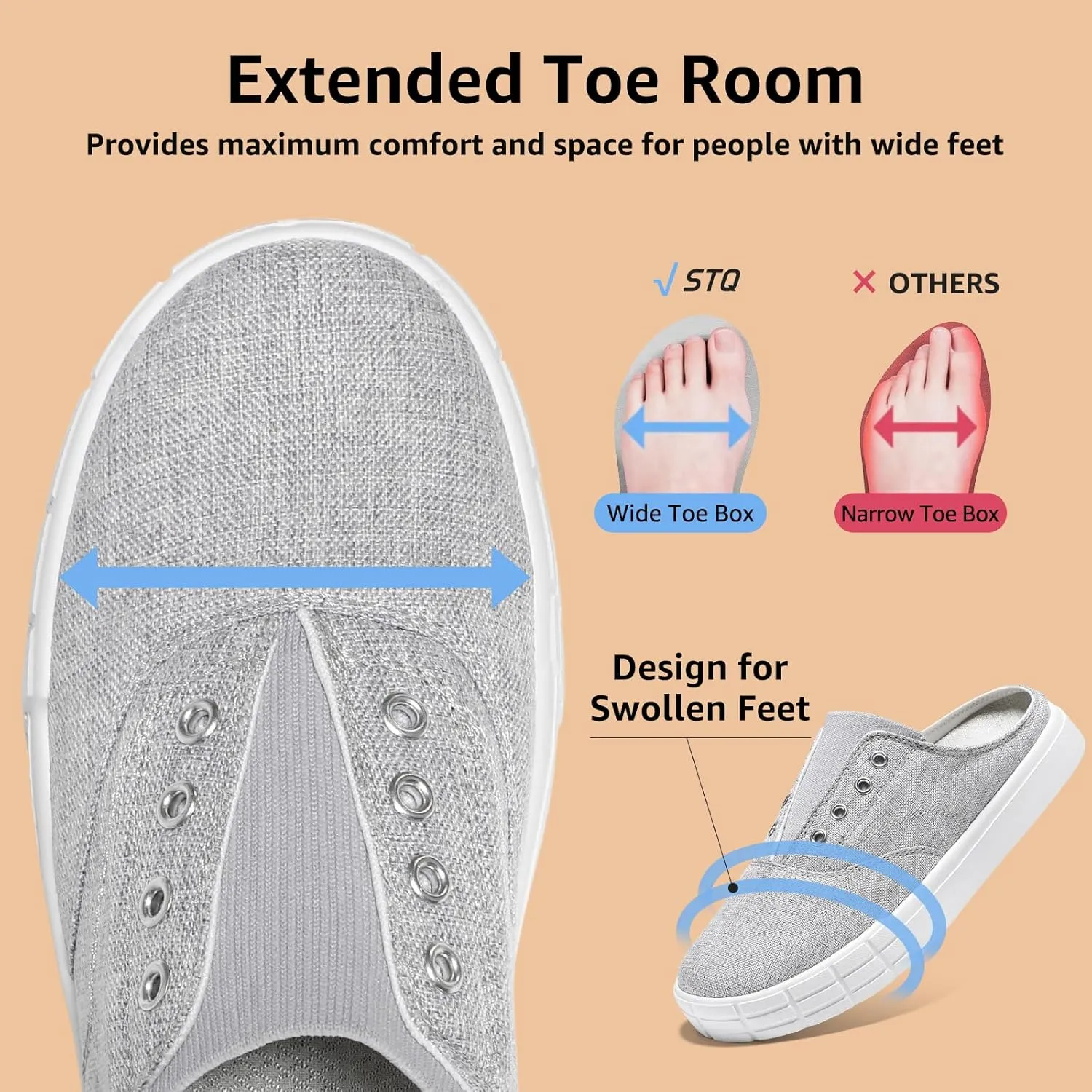 STQ Slip On Orthopedic Wide ShoesLightweight Women Backless Casual Plantar Fasciitis Relief Mule Sneakers