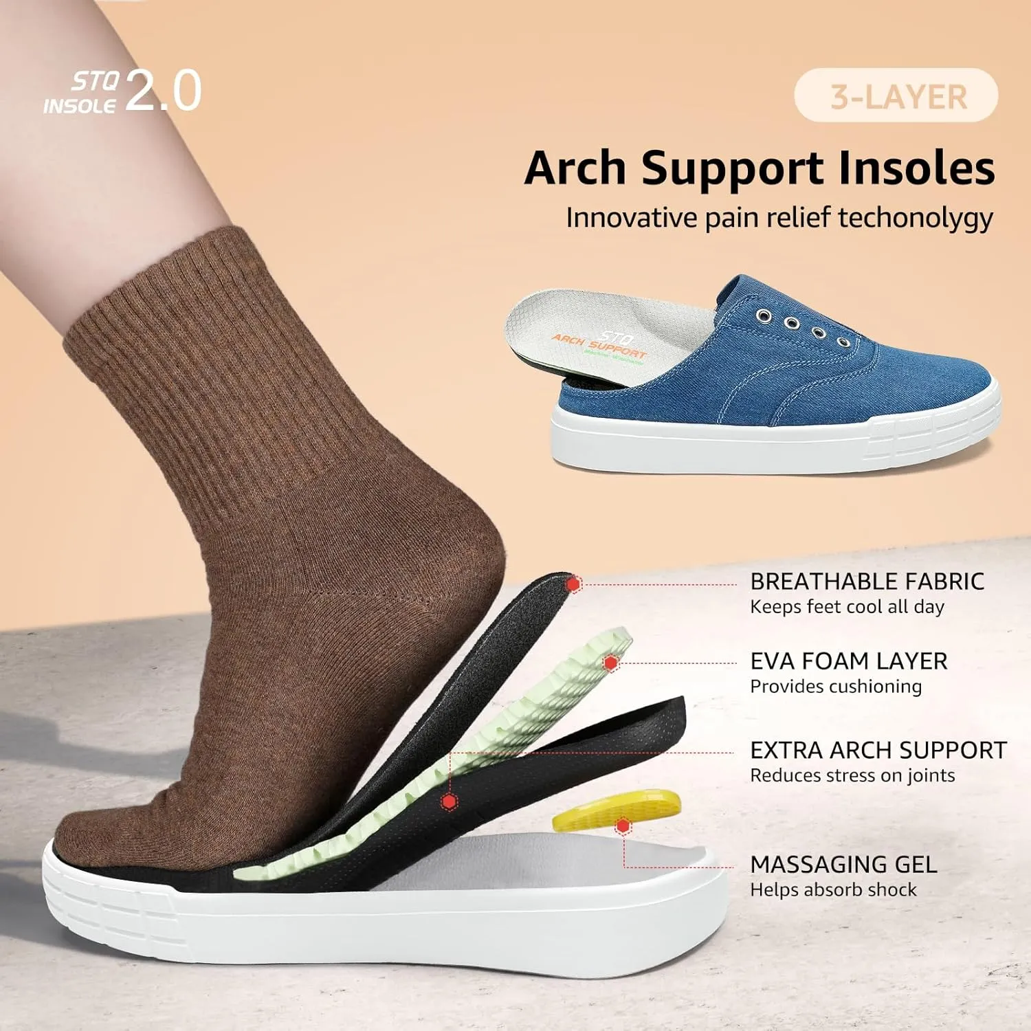 STQ Slip On Orthopedic Wide ShoesLightweight Women Backless Casual Plantar Fasciitis Relief Mule Sneakers