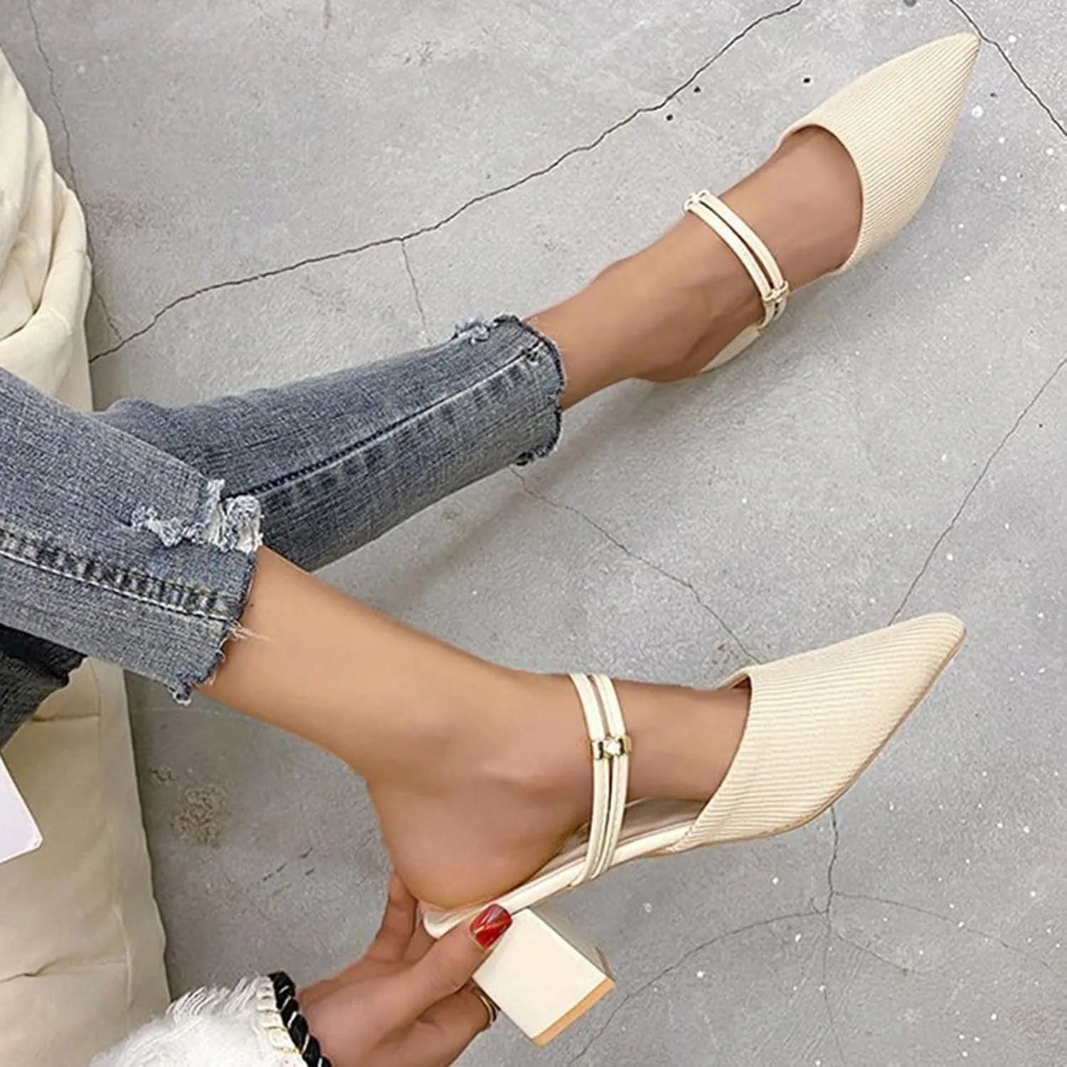 SuanlaTDS Women Dressy Comfortable Shoes Fashion Knitted Breathable Adjustable Strap Block Heel Pump Mules Slip on Pointed Toe Walking Evening Party Dress Shoes Beige