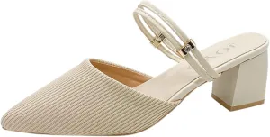 SuanlaTDS Women Dressy Comfortable Shoes Fashion Knitted Breathable Adjustable Strap Block Heel Pump Mules Slip on Pointed Toe Walking Evening Party Dress Shoes Beige
