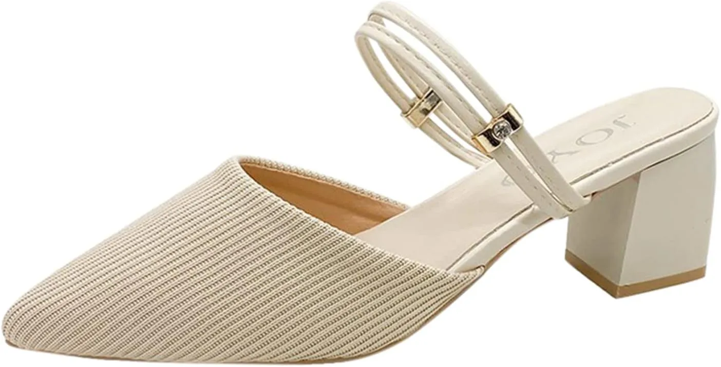 SuanlaTDS Women Dressy Comfortable Shoes Fashion Knitted Breathable Adjustable Strap Block Heel Pump Mules Slip on Pointed Toe Walking Evening Party Dress Shoes Beige