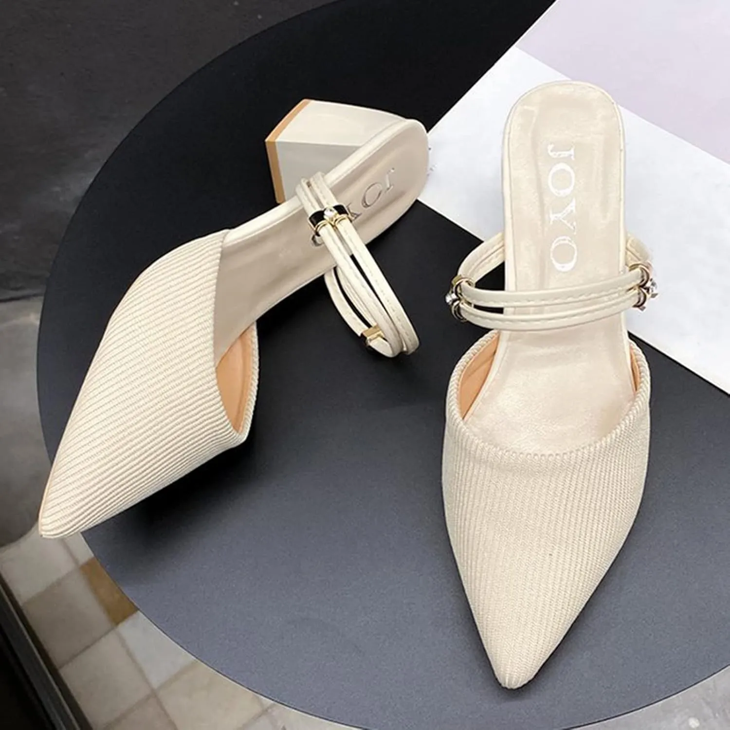 SuanlaTDS Women Dressy Comfortable Shoes Fashion Knitted Breathable Adjustable Strap Block Heel Pump Mules Slip on Pointed Toe Walking Evening Party Dress Shoes Beige