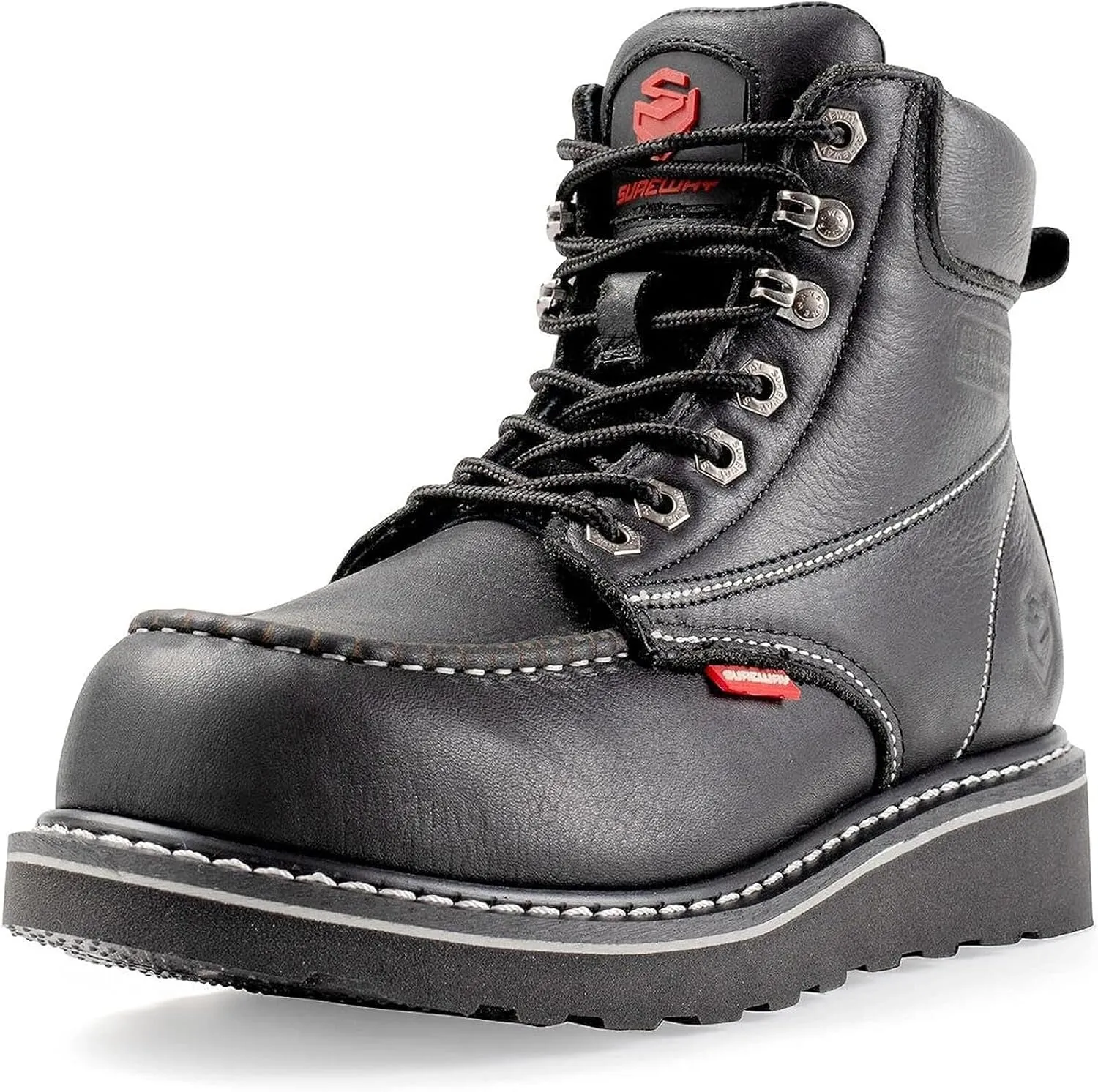 SUREWAY Mens Heavy Duty Soft/Composite/Steel Toe Work Boots for Men-Comfortable,Goodyear Welt,Full Grain Leather,6 in Wedge Moc Toe Construction Boots/Shoes,Waterproof Steel Toe Black,Size 9