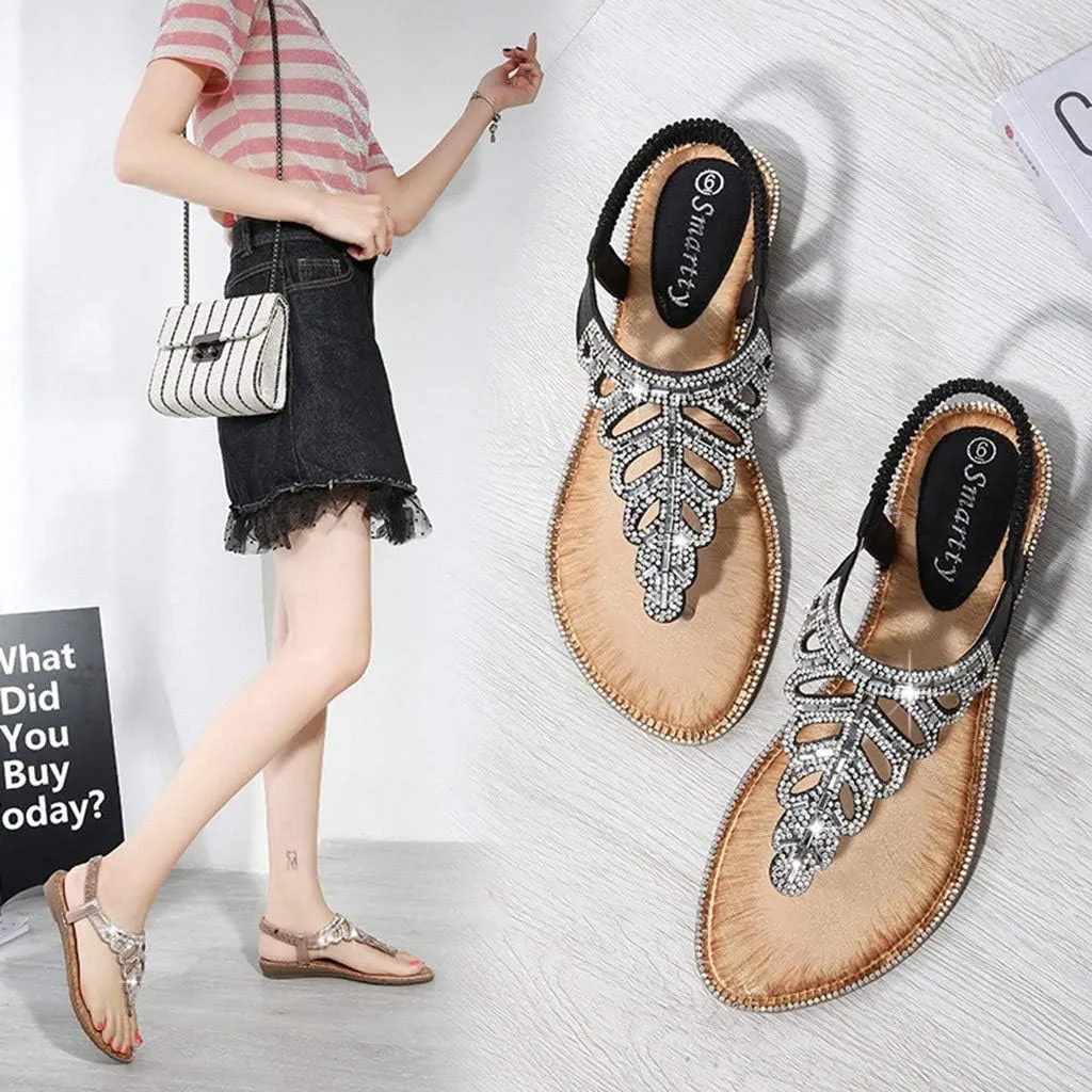 Thong Sandals for Women Beach,Bohemia Floral Flat Sandals T-Strap Summer Beach Glitter Beaded Elastic Flip-Flop Thong Shoes