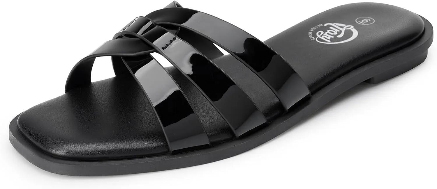 Trary Women's Flat Sandals Open Square Toe Slip on Slippers Casual Dressy Comfortable Soft Leather Summer Fashion Slide Sandals for Women Vacation Beach Party