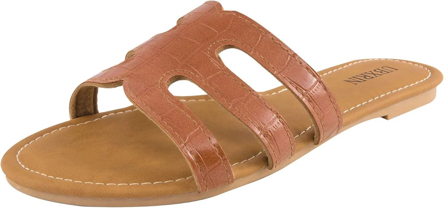 UBXRIN Womens Minimalist Memory Foam Comfortable Slide Sandals Summer Casual Soft Leather Flat Slippers