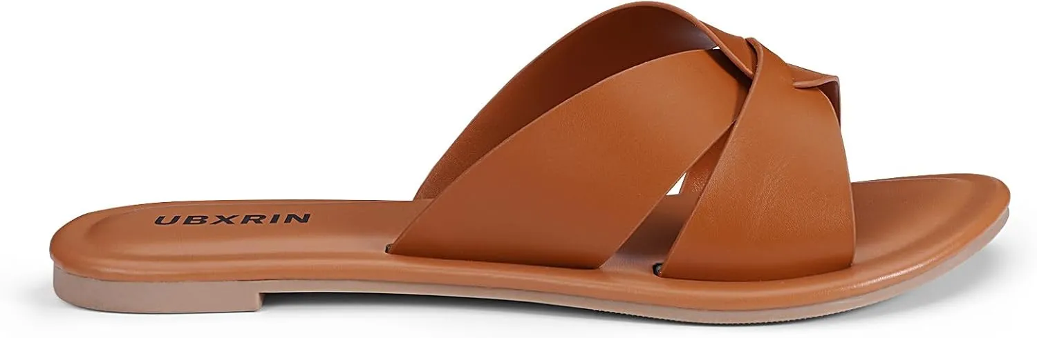 UBXRIN Womens Minimalist Memory Foam Comfortable Slide Sandals Summer Casual Soft Leather Flat Slippers