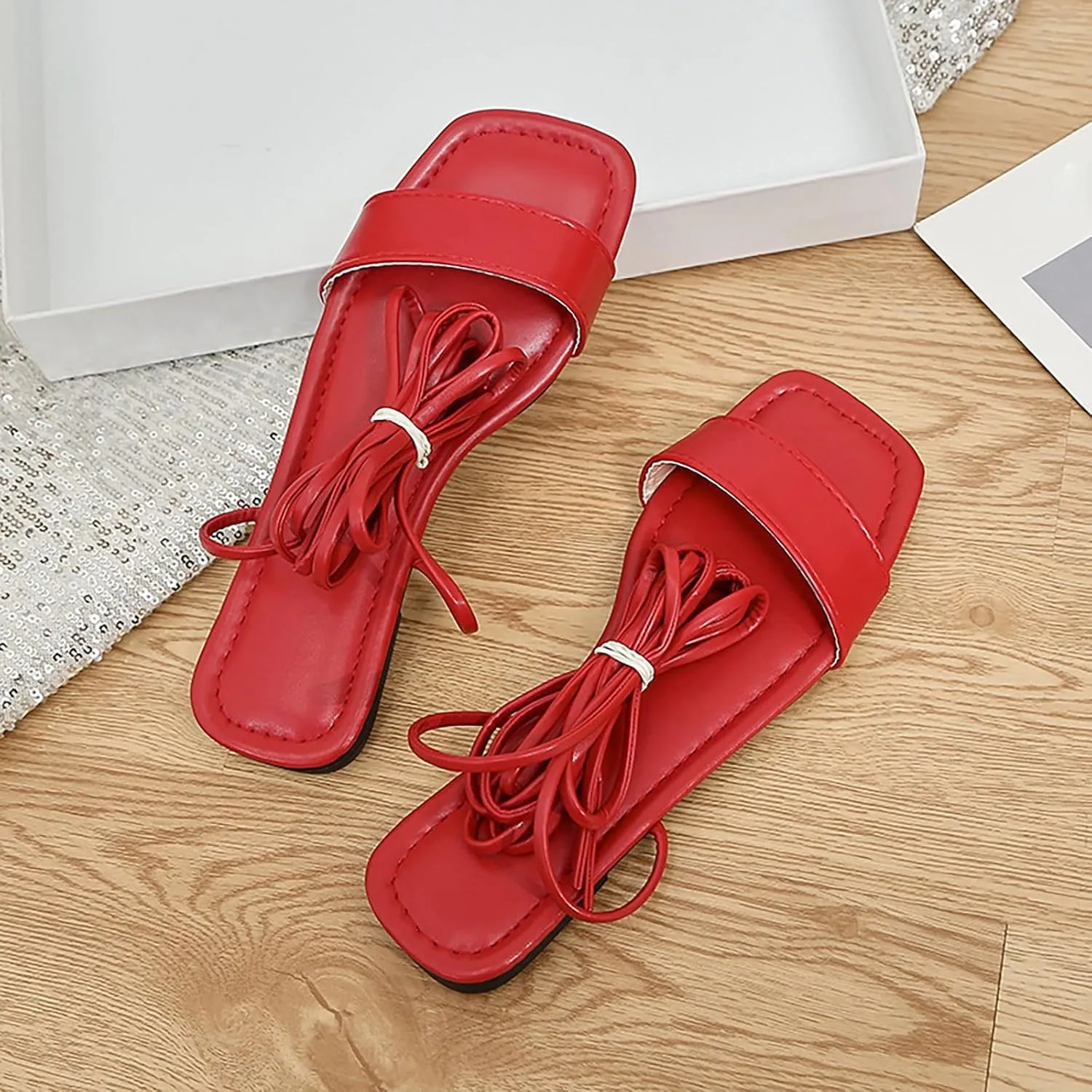 VESNIBA Women's Strappy Sandals Square Open Toe Flat Bottomed Casual Beach Sandals for Party Soft Shoes Casual Daily Dress
