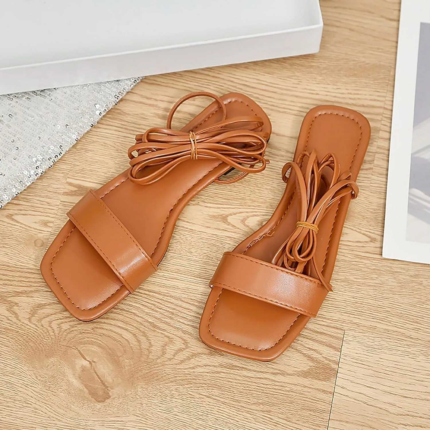 VESNIBA Women's Strappy Sandals Square Open Toe Flat Bottomed Casual Beach Sandals for Party Soft Shoes Casual Daily Dress