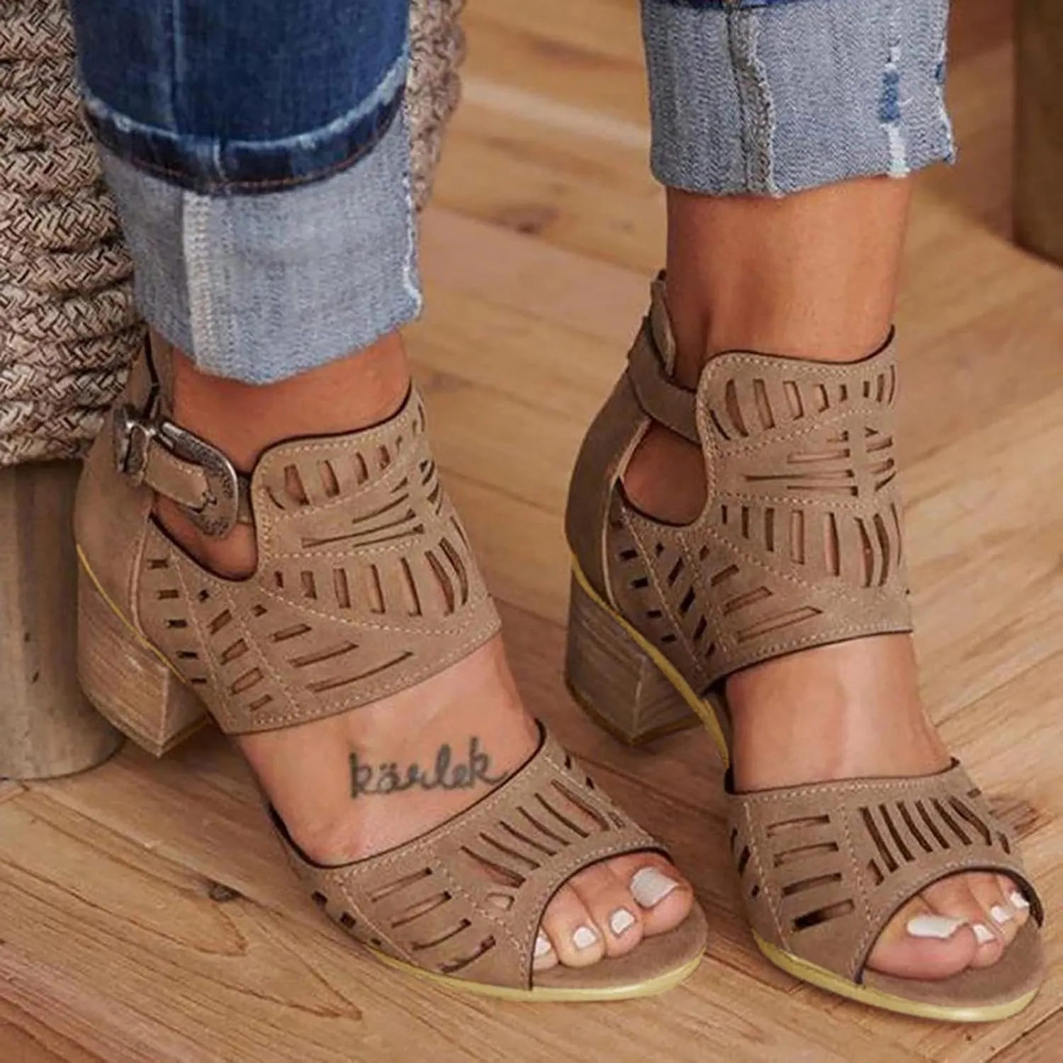 Walking Sandals Women, Womens Sandals Sexy Hollow Floral Lace Chunky High Heels Peep Toe Platform Boots