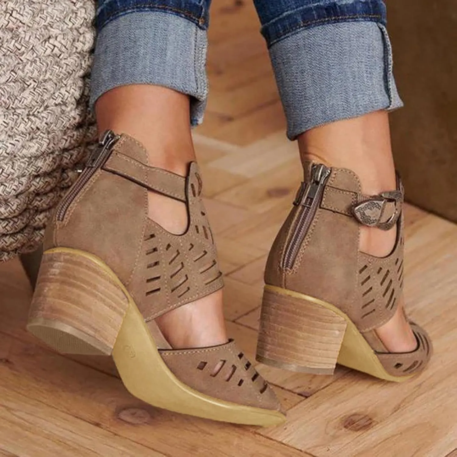 Walking Sandals Women, Womens Sandals Sexy Hollow Floral Lace Chunky High Heels Peep Toe Platform Boots