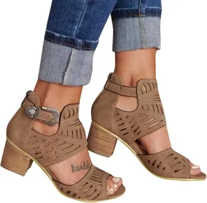 Walking Sandals Women, Womens Sandals Sexy Hollow Floral Lace Chunky High Heels Peep Toe Platform Boots